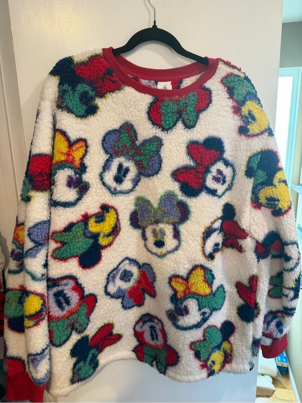 Disney Multicolor Minnie Sherpa Crewneck Sweater - White with Red Trim